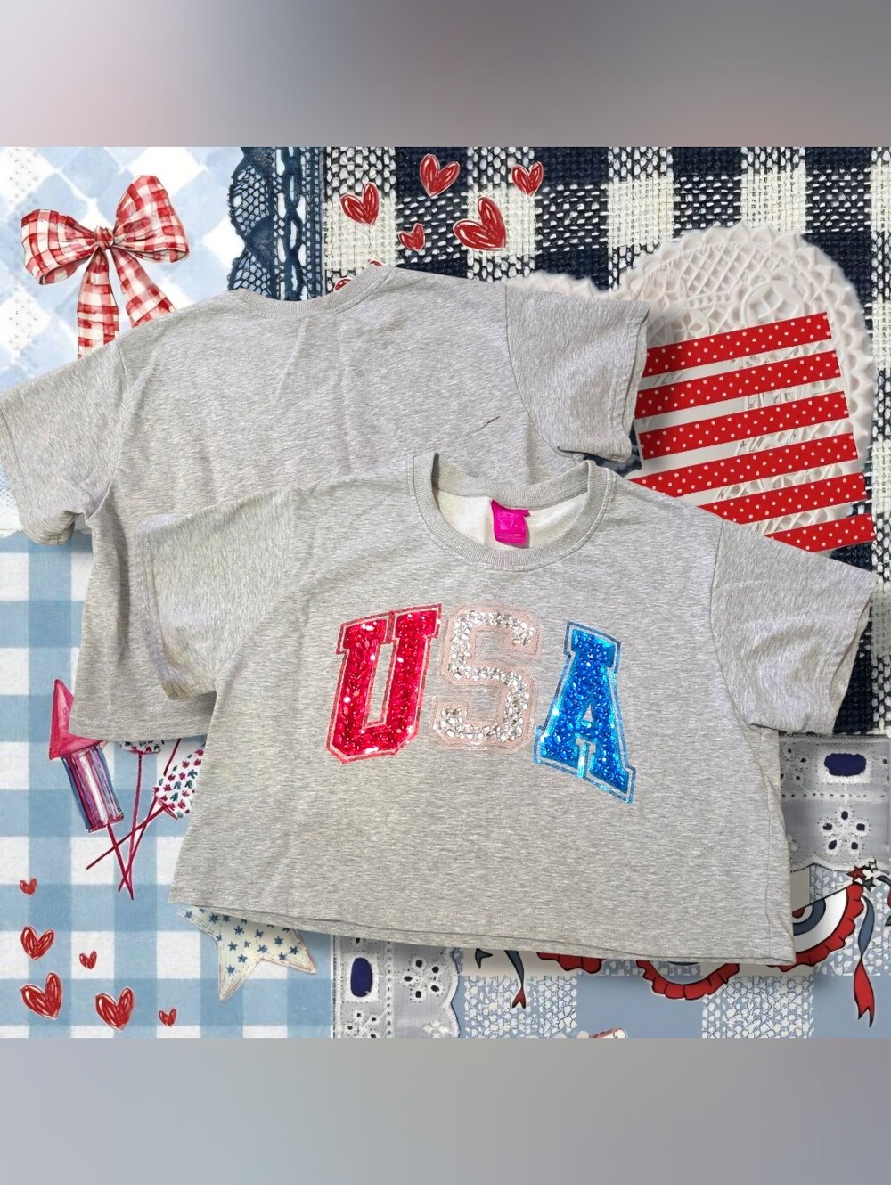 QUEEN OF SPARKLES Gray Crop Tee with Red, Pink & Blue Sequin USA